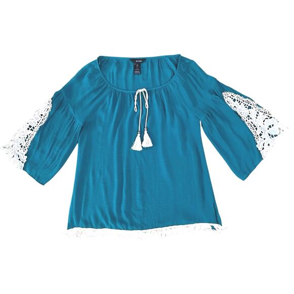 Ali Miles NWOT XL Tunic Top Blue Green BOHO Bell Sleeve Tassel Lace Relaxed Fit - Picture 11 of 16